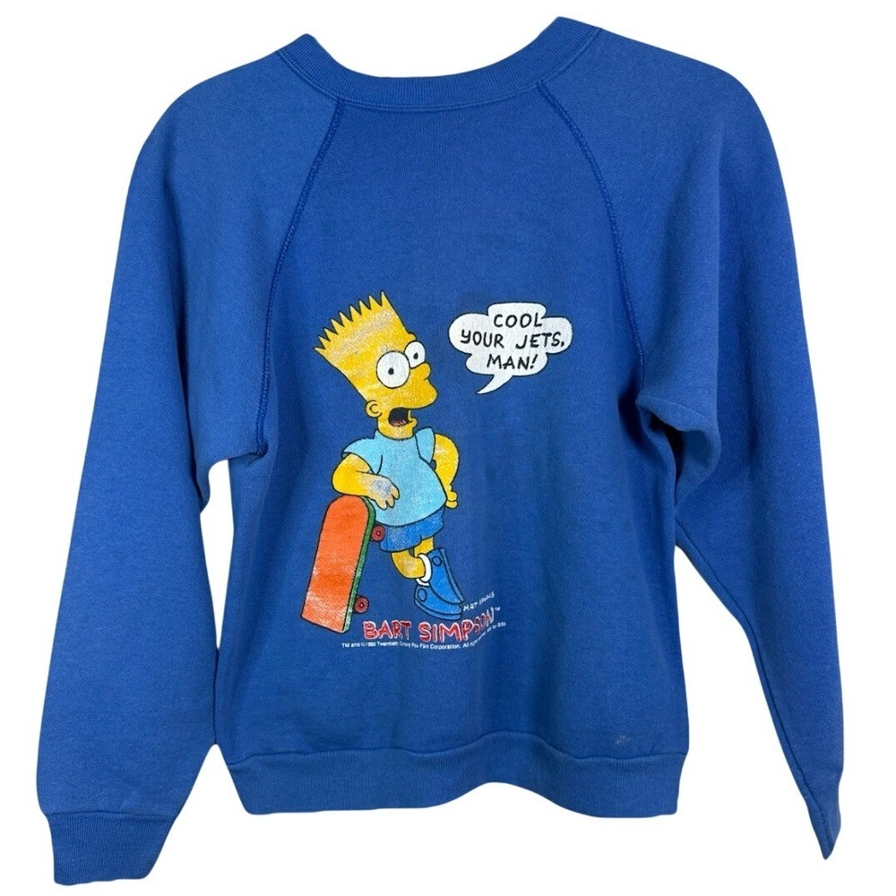 Vintage 1990 SSI Bart Simpson Cool Your Jets Man Blue Sweatshirt Kids 14-16 USA